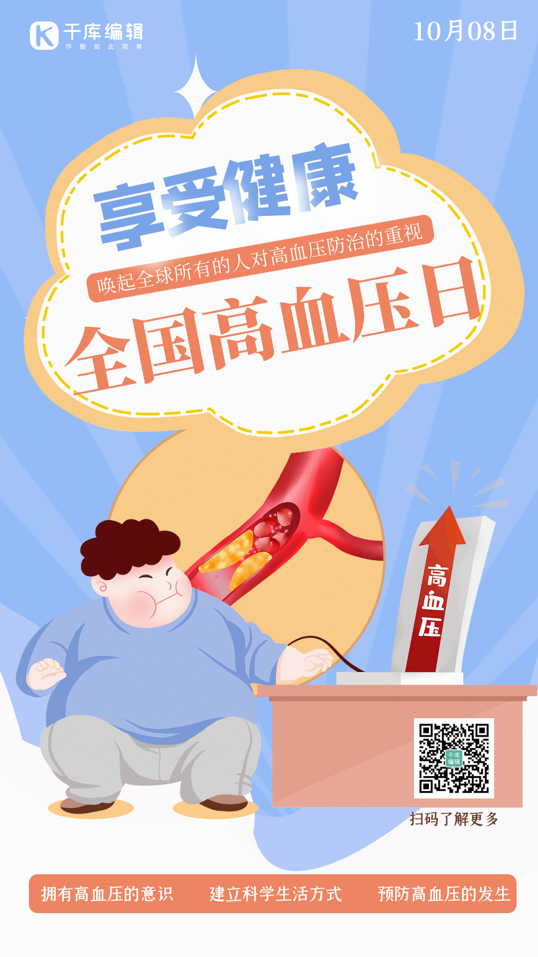 全国高血压日人物蓝色简约gif动态海报