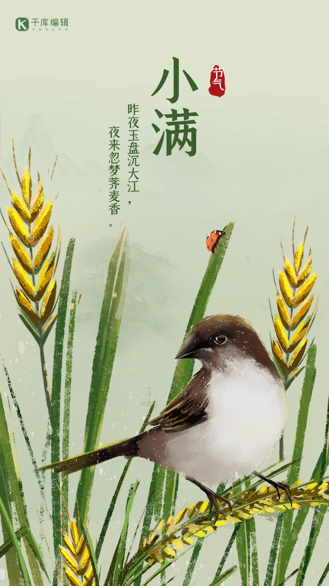小满节气手绘麦穗鸟雀插画gif动态海报
