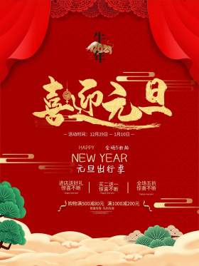 元旦海报喜庆新年红色跨年优惠促销背景