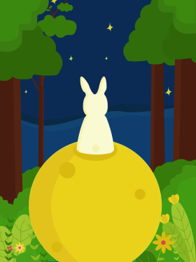 树林里坐在月亮上的小兔子
