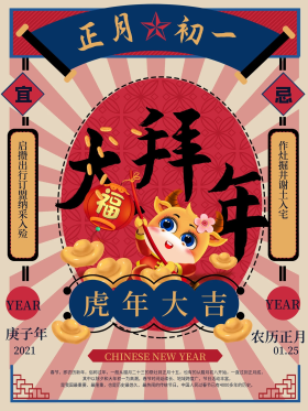 手绘鼠年吉祥大年初一拜年海报