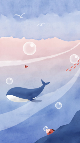 蓝色天空白云梦幻卡通蓝天鲸鱼大海海洋背景