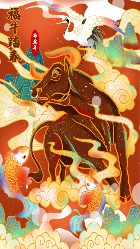 新年牛年喜庆福牛踏春国潮插画