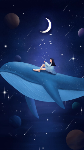 坐在鲸鱼上的女孩遨游星空