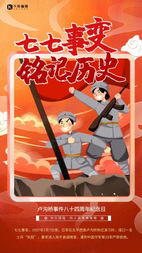 七七事变铭记历史红色手绘海报