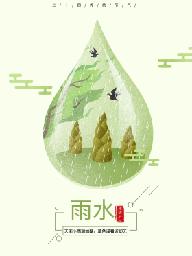 二十四节气绿色简约雨水雨滴手绘海报