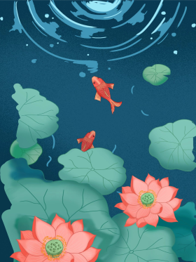 蓝色荷塘红色鲤鱼荷花荷叶