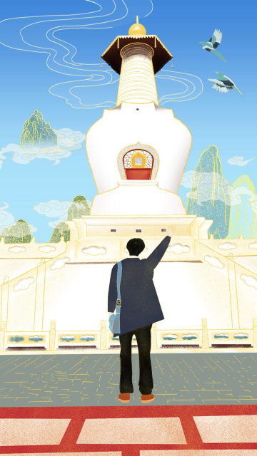 白塔手机海报创意简约风扬州城市旅游宣传介绍通用ppt模板手绘秋游