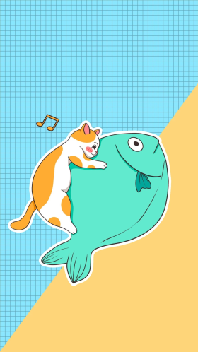卡通动物小猫摸鱼蓝色黄色简约手机壁纸