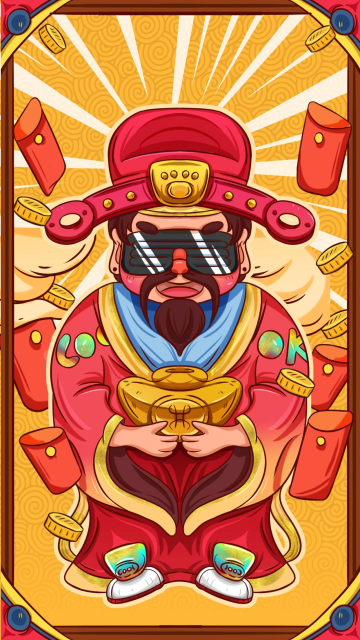 手绘新年年画红色潮流手握元宝财神爷手机壁纸
