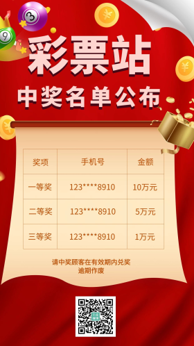 彩票店中奖名单红色大气海报