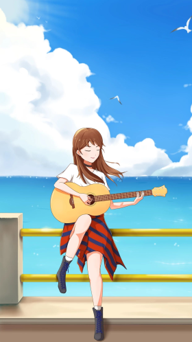 手绘音乐弹吉他女孩插画手机壁纸