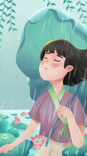 唯美清新手绘荷叶女孩雨水柳叶手机壁纸