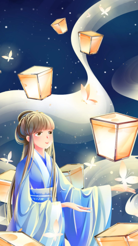 孔明灯橙色唯美卡通少女插画