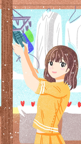 室内可爱阳光少女忙碌动漫卡通风格插画手机壁纸