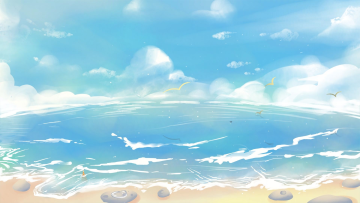 开阔海边沙滩海水海洋蓝色风景插画桌面壁纸