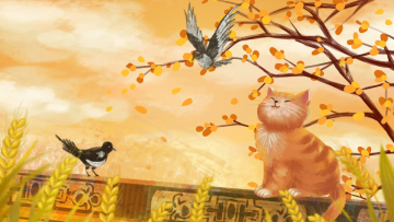 黄色丰收猫与喜鹊手绘电脑桌面