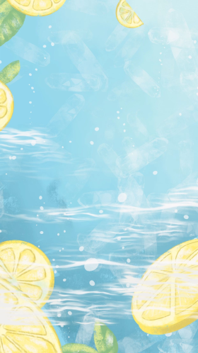 夏天小清新柠檬果汁气泡饮料黄蓝色唯美手绘背景