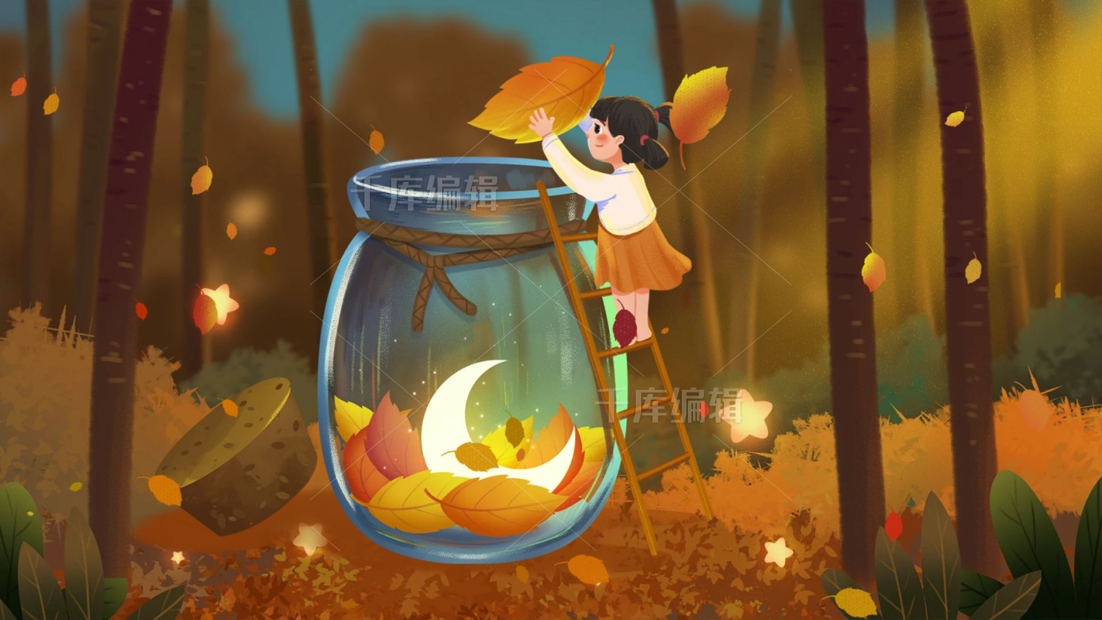许愿瓶秋叶红叶女孩秋天落叶枫叶秋日电脑桌面