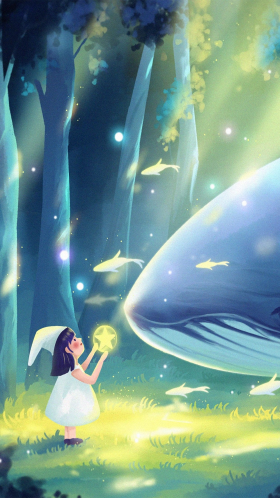 唯美治愈梦幻森林树林鲸鱼与女孩童话故事手机壁纸