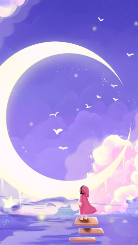 梦幻治愈唯美大海月亮星空少女手机壁纸