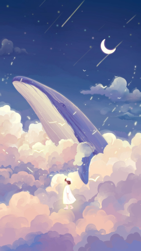 唯美梦幻鲸鱼治愈天空云朵星空女孩插画手机壁纸