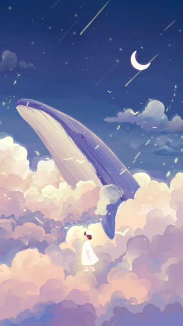 唯美梦幻鲸鱼治愈天空云朵星空女孩插画手机壁纸