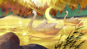 秋天金色天鹅湖唯美手绘电脑桌面打工卡通人物蓝色简约卡通手机壁纸