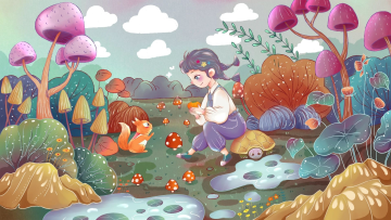 霜降秋天野外的小女孩手绘电脑桌面