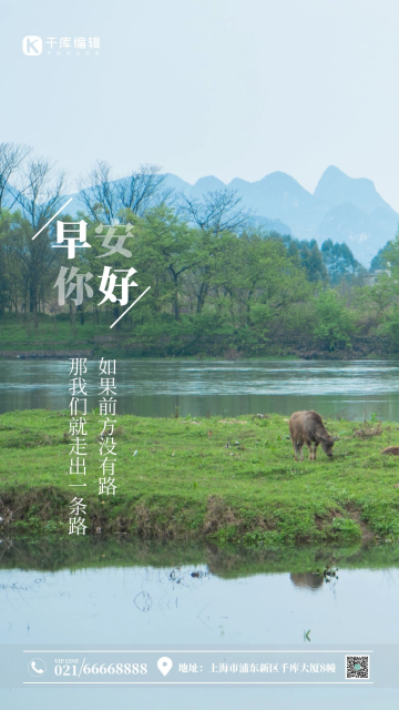 你好早安问候草原牛草地田野风光摄影图海报