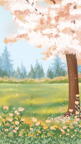 手绘插画唯美秋天田野草地手机壁纸