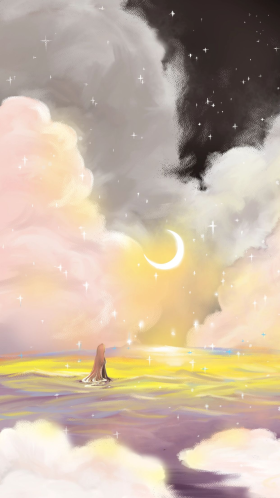女孩在海中遥望月亮梦幻场景插画
