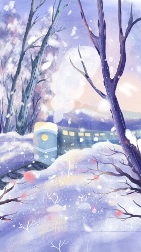 冬天冬季唯美紫色雪花火车手绘插画手机壁纸