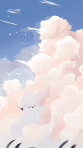 唯美治愈梦幻天空云海飞鸟清晰插画