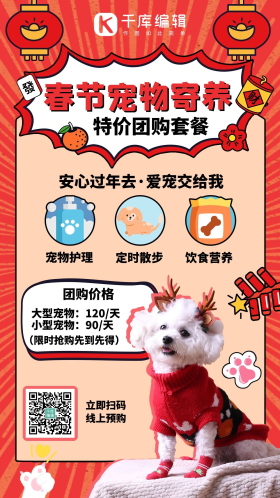 春节宠物寄养促销红色卡通海报