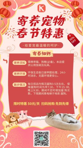 宠物寄养春节特惠红色卡通海报