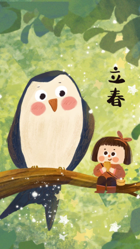 立春二十四节气手绘燕子和女孩可爱治愈系风插画海报