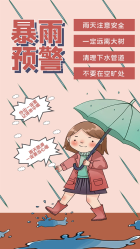 卡通手绘简约暴雨预警手机海报