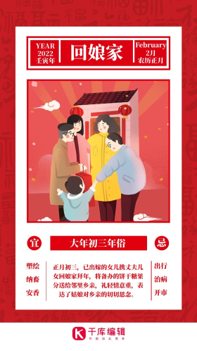 红色春节习俗大年初三回娘家闪屏海报