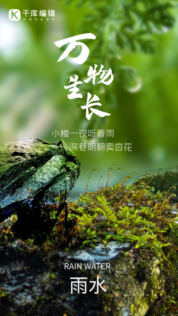 万物生长二十四节气雨水绿色创意海报