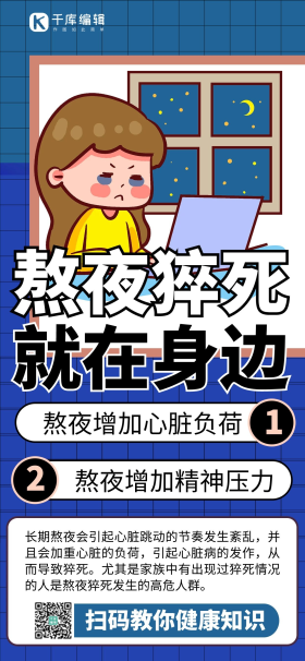 蓝色商务风熬夜猝死全屏海报