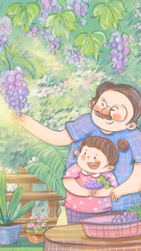 父女父亲节摘葡萄可爱温馨治愈系场景插画海报