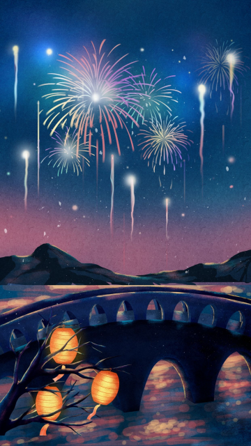 手绘唯美节日烟花夜景海报