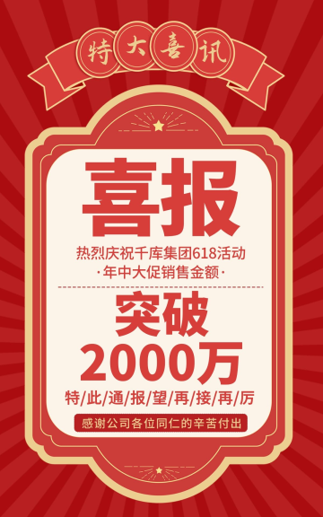 喜悦特大喜讯喜报战报贺报复古边框红色简约电商竖版海报
