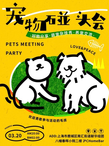 宠物碰头会宠物活动黄绿色涂鸦风小红书封面