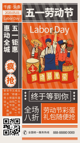 五一劳动节工人橙色复古怀旧大字报海报