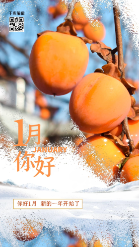 一月你好柿子黄色简约海报