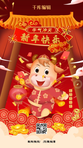 新年牛年快乐红色中国风海报
