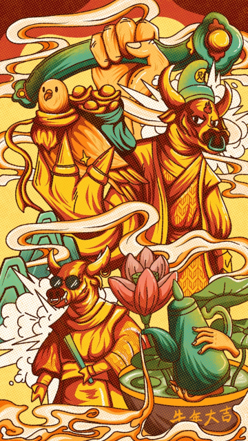 牛年国潮风复古风半色调手绘插画