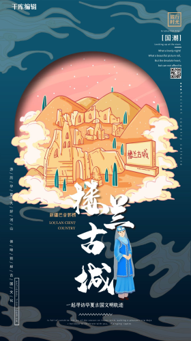 中国地标旅行时光之楼兰古城国潮风格插画海报